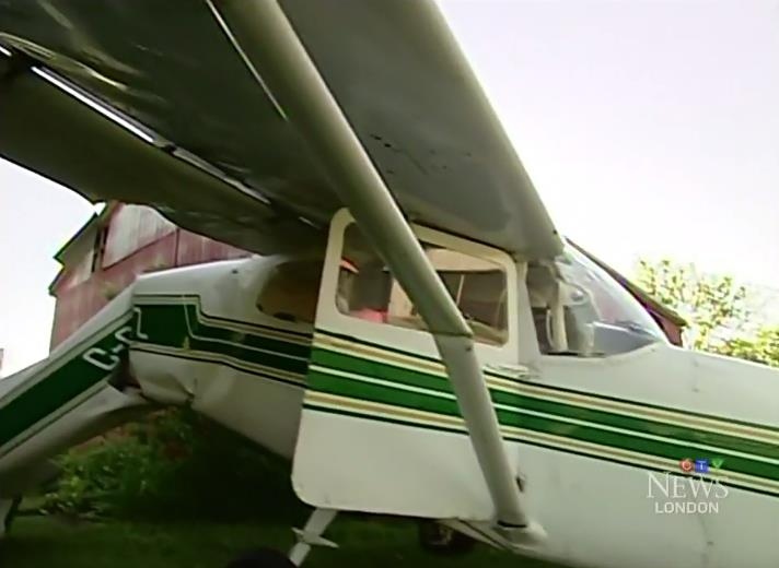 Wreckage of a small plane after a crash-landing at an airstrip near Strathroy, Ont, on Sunday, June 21, 2015. (CTV London) 