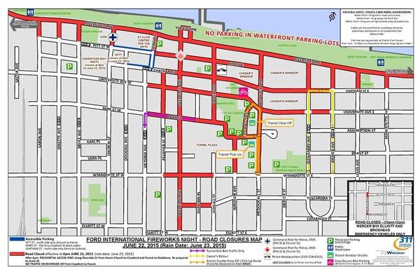 The roads in red on this map will be closed for the Ford Fireworks over the Detroit River in Windsor, Ont., on June 22, 2015. (Courtesy Windsor police)