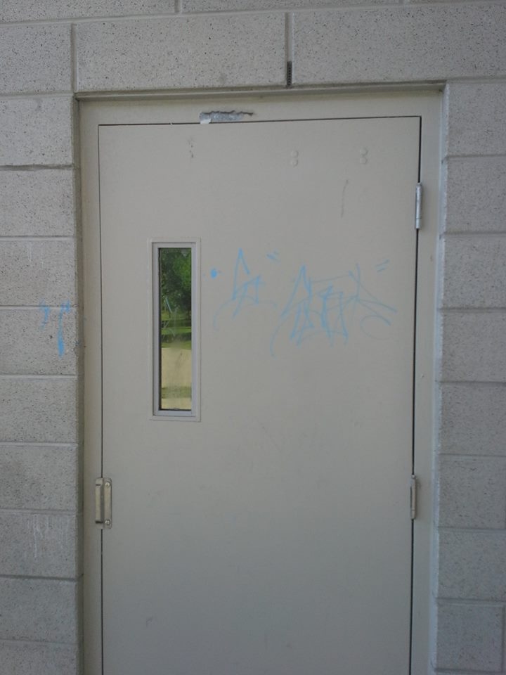 Graffiti is seen in Pinafore Park in St. Thomas, Ont. after weekend vandalism. (St. Thomas Police Service / Facebook)