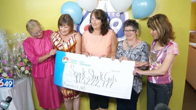 The 'Snack Shack' girls collect a cheque for over $15 million after winning the lottery in Nova Scotia.
