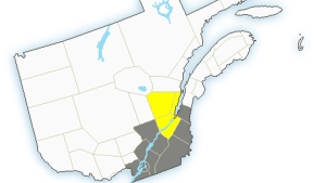 Environment Canada supplied this image of areas where a thunderstorm watch or warning will be in effect on Tuesday June 23, 2015
