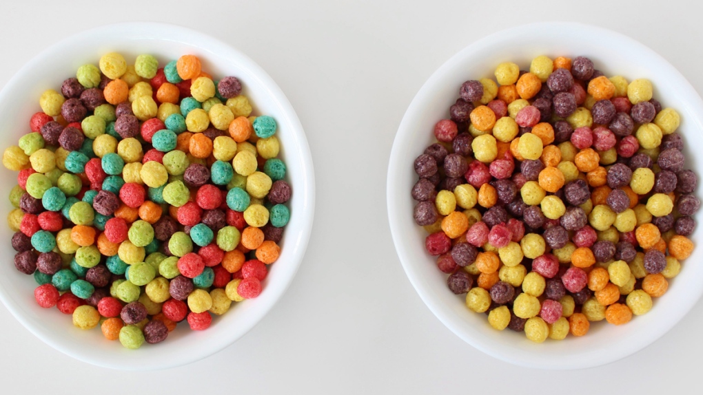 Bowls of traditional and reformulated Trix cereal