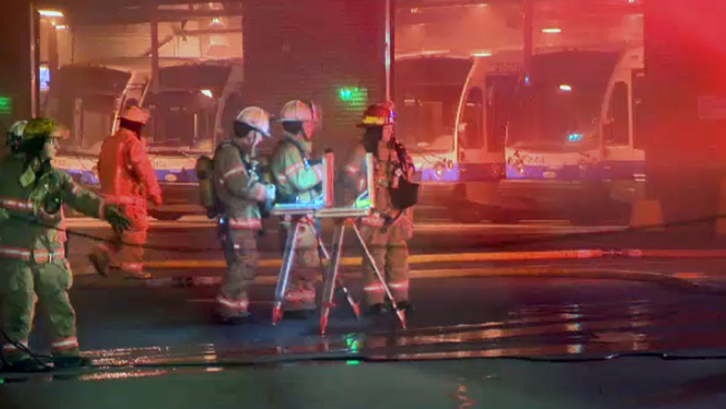 Montreal firefighters put out flames at a garage