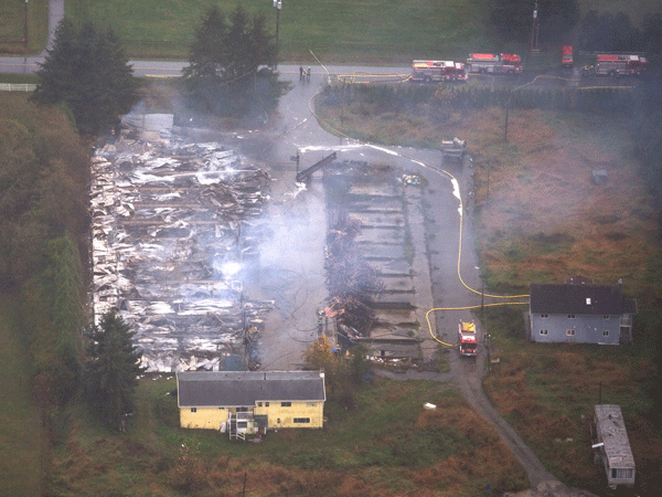 This aerial photograph shows what remains after an early morning barn fire in Langley, B.C. November 7, 2008.