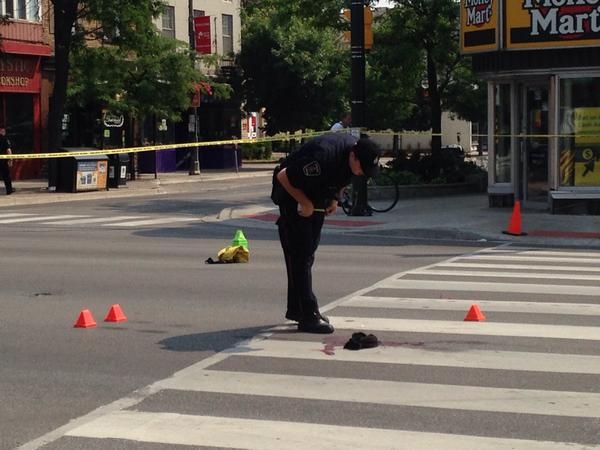 Dundas and Adelaide streets were shut down while police investigate a pedestrian collision in London, Ont., on Monday, July 6, 2015. (Colleen MacDonald / CTV London) 