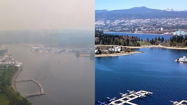 Smoke from B.C. wildfires blanketed Metro Vancouver skies this weekend, obscuring views of downtown and even the North Shore mountains. (Instagram/l_rickardo)