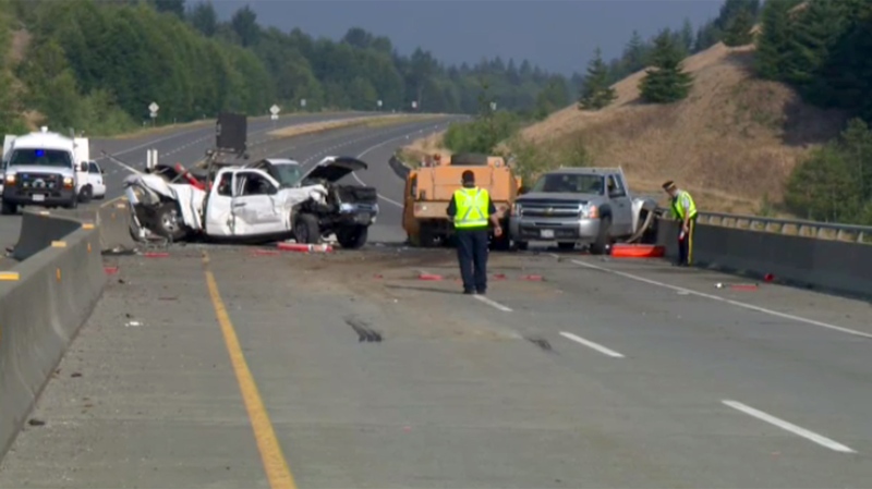 A three-vehicle crash on the Little Qualicum River Bridge deck sent two people to hospital Thursday, July 9, 2015. (CTV Vancouver Island)