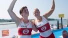 Canadians Kerry Shaffer and Antje Von Seydlitz winning gold in the women's double skulls at the 2015 Pan Am Games at the Royal Canadian Henley Rowing Course in St. Catharines, Ont., on Monday, July 13, 2015. (Peter Power / THE CANADIAN PRESS)