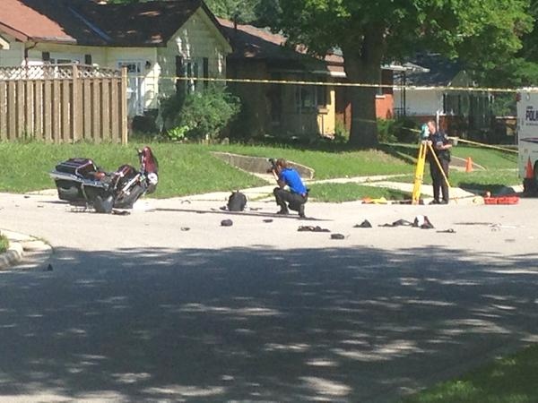 London police are investigating after a motorcyclist was hurt in a crash at Gladstone and Russell avenues in London, Ont., on Thursday, July 16, 2015. (Colleen MacDonald / CTV London)