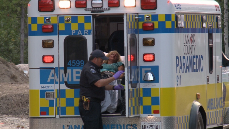 49-year old Audrey St. Germain is taken to hospital by ambulance after walking out of a wooded area in Beckwith Township on Thursday, July 16th, 2015. 