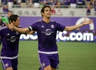 Orlando City midfielder Kaka celebrates after scoring a goal against the Columbus Crew during the first half of an MLS soccer game, Tuesday, June 30, 2015, in Orlando, Fla. (AP Photo/John Raoux)