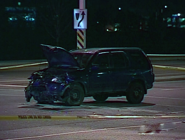 One of two vehicles involved in a fatal crash sits at an intersection at Terry Fox Drive, Tuesday, Nov. 11, 2008.