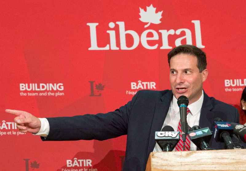 Marco Mendocino speaks after he won the Liberal nomination for the Toronto riding of Eglinton-Lawrence on Sunday, July 26, 2015. (Salvatore Sacco / The Canadian Press)