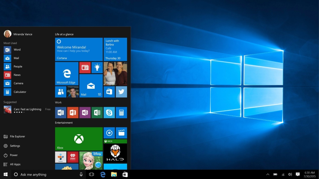 Microsoft Windows 10 homescreen