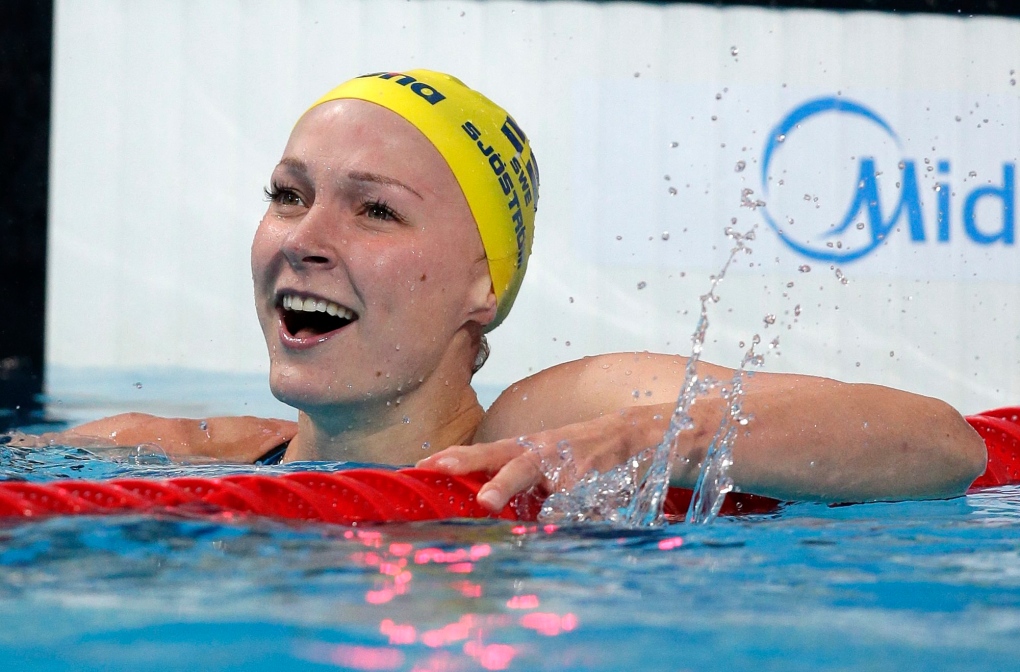 Sarah Sjostrom celebrates 100m butterfly win