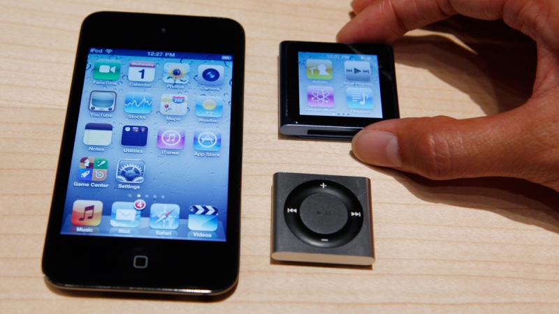 An Apple iPod Nano, upper right, an Ipod Shuffle, bottom right, and iPod Touch, left, on Sept. 1, 2010. (AP / Paul Sakuma)