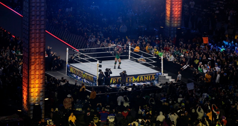 FILE - A WWE Wrestlemania event in East Rutherford, N.J., on Sunday, April 7, 2013. (AP Photo/Mel Evans)