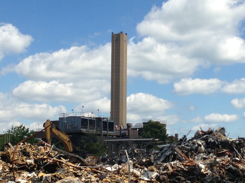 The smokestack at the former GM transmission plant in Windsor, Ont. can be seen leaning slightly on Tuesday, Aug. 11, 2015. (Rich Garton / CTV Windsor)