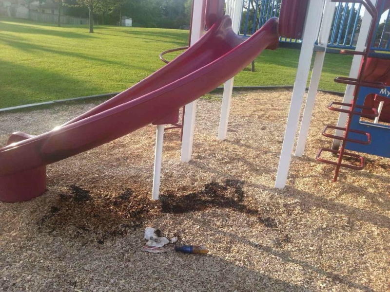 The aftermath of an attempt to light a fire at the playground at St. Jude Elementary School is seen in London, Ont. on Thursday, Aug. 13, 2015. (Admar Ferreira / CTV London)