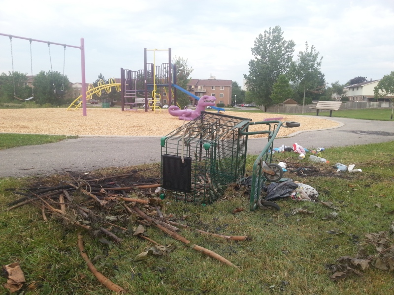 The aftermath of another arson attempt at the playground near Rick Hansen Public School is seen in London, Ont. on Friday, Aug. 14, 2015. (Admar Ferreira / CTV London)