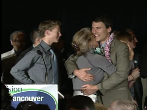 Gregor Robertson hugs his wife Amy after officially winning the Vancouver mayor race. November 15, 2008.