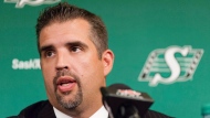 Saskatchewan Roughriders general manager Jeremy O'Day speaks during a press conference held at Mosaic Stadium in Regina on Tuesday, Sept. 1, 2015. THE CANADIAN PRESS/Michael Bell
