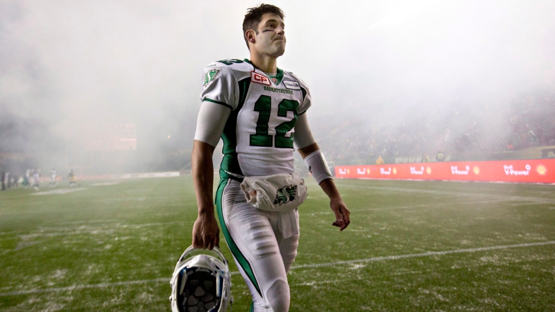 Saskatchewan Roughriders quarterback Tino Sunseri (12) leaves the field after losing to the Edmonton Eskimos during the CFL West semifinal action in Edmonton, on Sunday Nov. 16, 2014. THE CANADIAN PRESS/Jason Franson