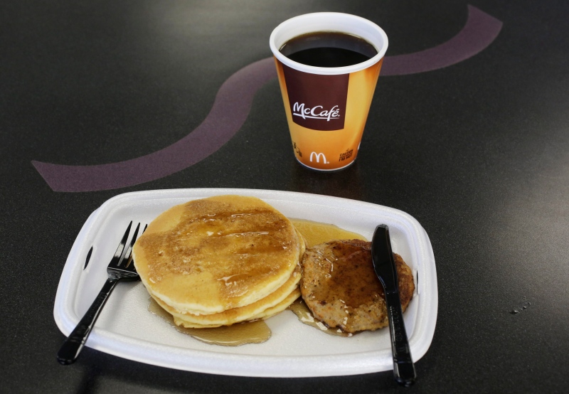 In this Feb. 14, 2013, photo, a McDonald's breakfast is arranged for an illustration at a McDonald's restaurant in New York. (AP Photo/Mark Lennihan, File)
