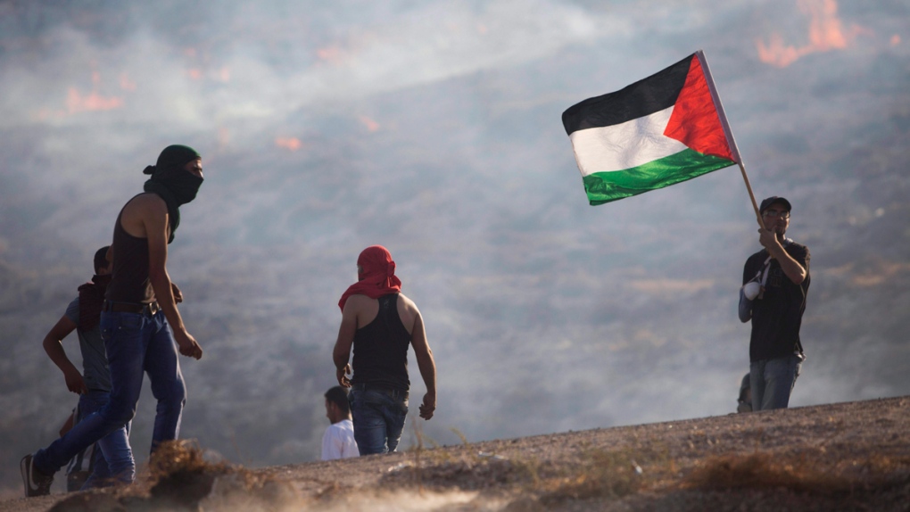 Palestinian demonstrators throw stones in Duma