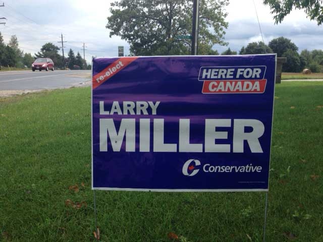 A replacement sign for Bruce-Grey-Owen Sound Conservative candidate Larry Miller is seen in Shallow Lake, Ont. on Tuesday, Sept. 8, 2015. (Scott Miller / CTV London)