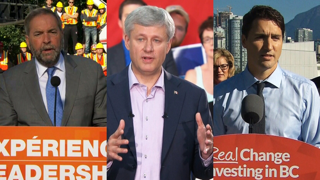 Party leaders Mulcair, Harper and Trudeau