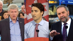 Conservative Leader Stephen Harper, Liberal Leader Justin Trudeau and NDP Leader Tom Mulcair.