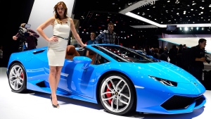 A Lamborghini Huracan LP 610-4 Spyder is presented on the first press day of the Frankfurt Auto Show IAA in Frankfurt, Germany, Tuesday, Sept. 15, 2015. (AP / Jens Meyer)