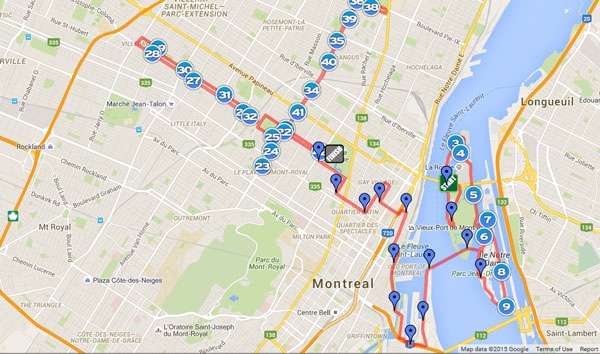 The route for the 2015 Montreal marathon