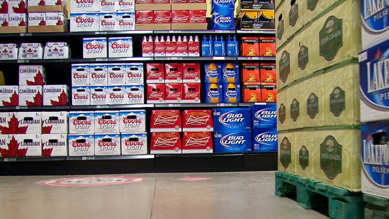 Cases of beer are seen on a shelf in Toronto. 