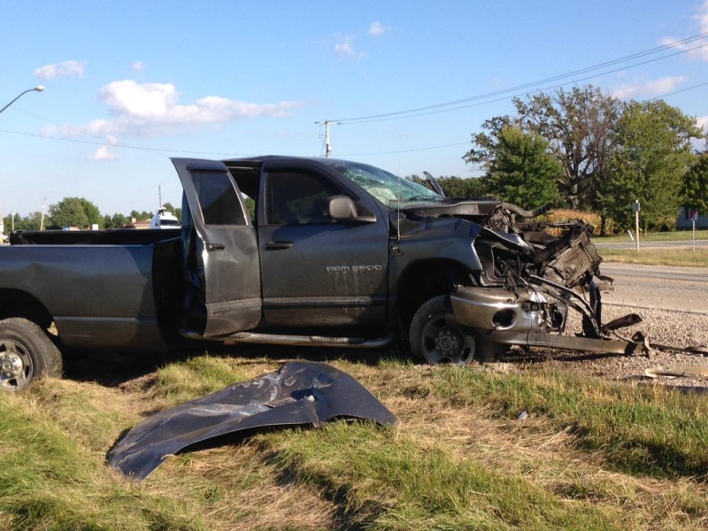 A damaged pickup is seen after a three-vehicle crash east of Courtright, Ont. on Tuesday, Sept. 22, 2015. (Jim Knight / CTV London)