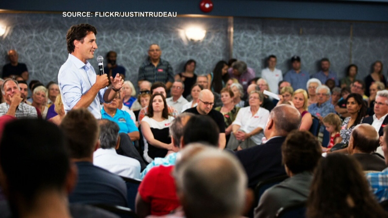 Justin Trudeau speaks at a town hall in this photo posted to the Liberal leader's Flickr account. 