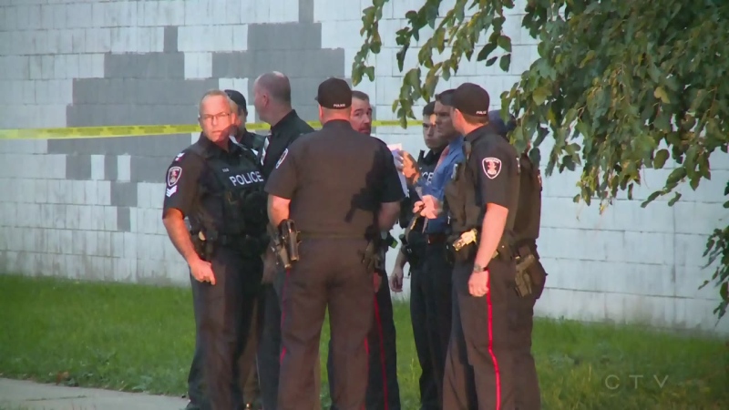 Police gather information at the scene of a shooting near Brant and Louis in Windsor, Ont, on Tuesday, September 29, 2015. (CTV Windsor / Stefanie Masotti) 