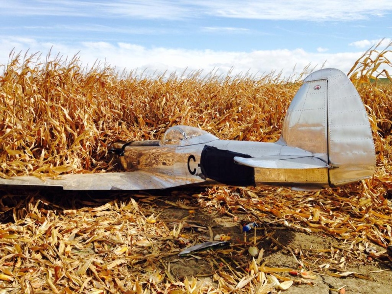 A small plane that crashed in a private farmer's field near the airport in Chatham, Ont. is seen on Friday, Oct. 2, 2015. (Chris Campbell / CTV Windsor)