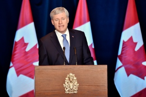 Prime Minister Stephen Harper speaks about the Trans-Pacific Partnership trade deal at a press conference in Ottawa on Monday, Oct. 5, 2015. (Nathan Denette / THE CANADIAN PRESS)