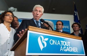 Bloc Quebecois leader Gilles Duceppe speaks at a news conference where he spoke about the Trans-Pacific Partnership deal during a federal election campaign stop in Montreal, Que., on October 5, 2015. (Graham Hughes / The Canadian Press)