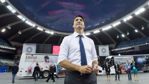 Liberal Leader Justin Trudeau walks in Montreal's Olympic stadium, on Tuesday, Oct. 6, 2015. (Paul Chiasson / THE CANADIAN PRESS)