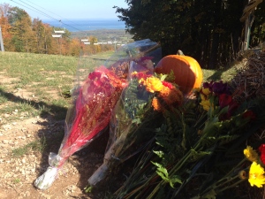 A small memorial of flowers sits at a trail at Blue Mountain Resort in the Village of the Blue Mountains, Ont. on Sunday, Oct. 11, 2015, where a mountain biker died in an accident. (Mike Walker/ CTV Barrie)