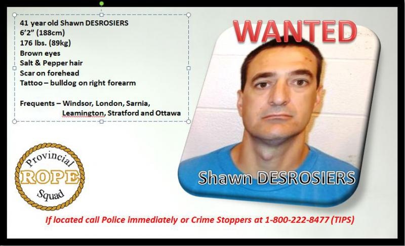 Police seek Shawn Desrosiers, 41, who is known to frequent Windsor and Leamington areas. (Courtesy OPP)