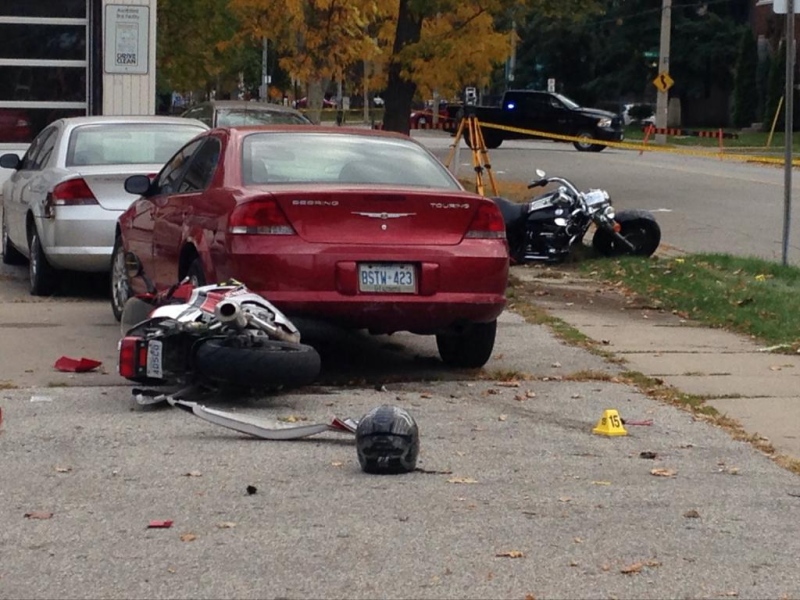 Police investigate a serious motorcycle crash on University Avenue West in Windsor, Ont., on Wednesday, Oct. 14, 2015. (Chris Campbell / CTV Windsor)