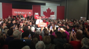 Liberal Leader Justin Trudeau speaks in front of a packed crowd in Winnipeg Saturday night, two days ahead of a federal election.