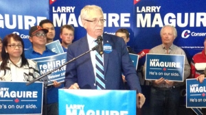 Conservative Larry Maguire speaks after his win in the Brandon-Souris riding on Oct. 19, 2015.