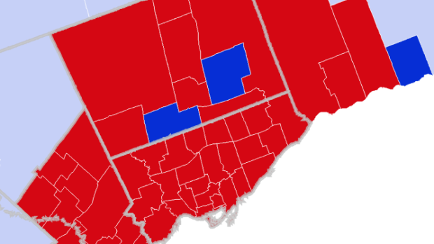 This photo shows the results of the 2015 federal election in Toronto and the surrounding area. 