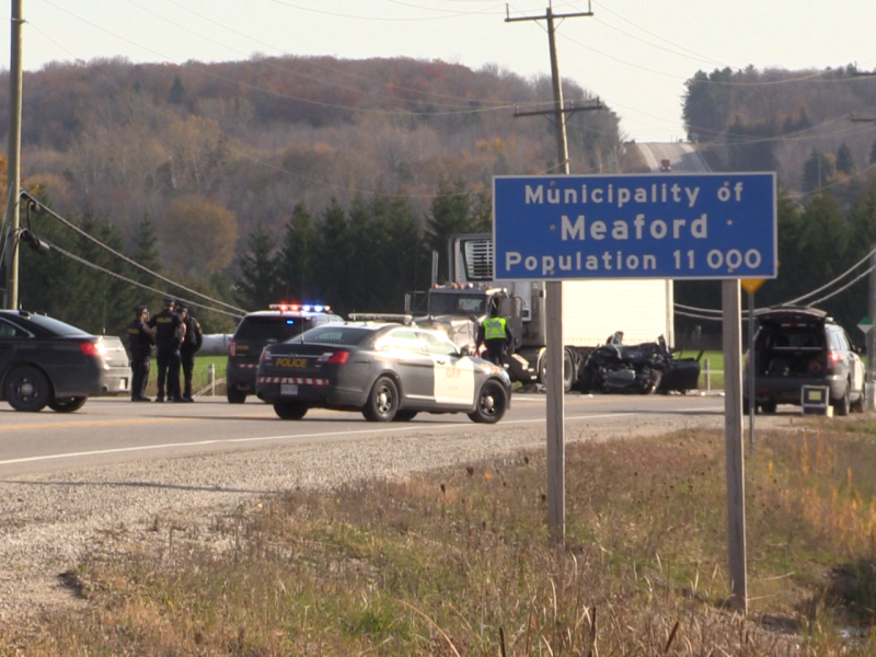 Provincial police investigate a fatal crash on Highway 26 in Meaford, Ont. on Tuesday, Oct. 27, 2015. (Roger Klein/ CTV Barrie)