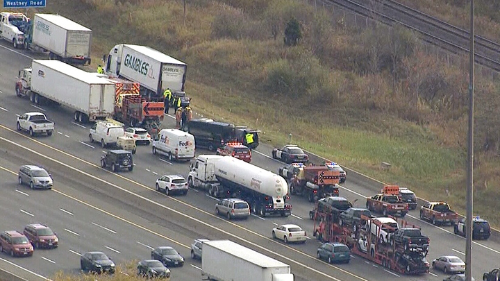 An aerial view of a fatal collision on Hwy. 401 near Brock Road on Friday, Oct. 30, 2015. 